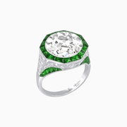 One-of-a-Kind Art Deco Style Round Cut Ring with French-Cut Gemstone Halo - Shahin Jewelry
